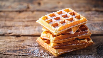 Wall Mural - Stack of golden waffles dusted with powdered sugar on wooden surface