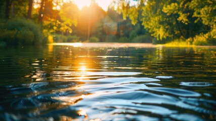 Wall Mural - Serene river reflecting golden sunset surrounded by lush greenery