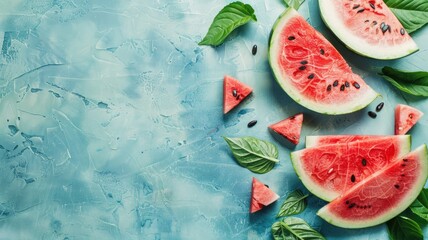 Wall Mural - Sliced watermelon and leaves on blue surface