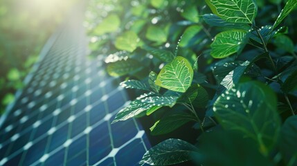 Abstract 3D rendering of a solar panel with leaves, promoting clean energy solutions with this inviting photo. -