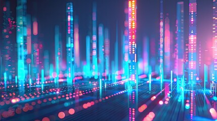 Poster - Abstract 3D rendering of financial growth with bar charts and digital data points on a blue background with this inviting photo.
