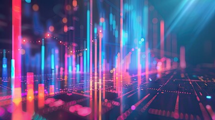 Poster - Abstract 3D rendering of financial growth with bar charts and digital data points on a blue background with this inviting photo.