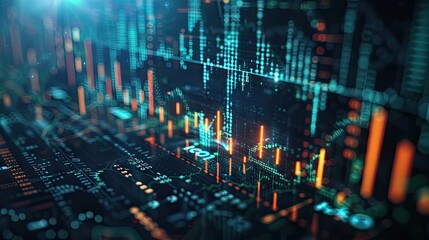 Poster - Abstract 3D rendering of financial symbols and charts with digital effects on a dark background with this inviting photo.