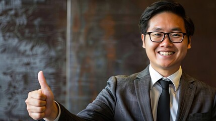 Asian man in a suit, wearing glasses, smiling and giving a thumbs up gesture. Ample space for text on the left.