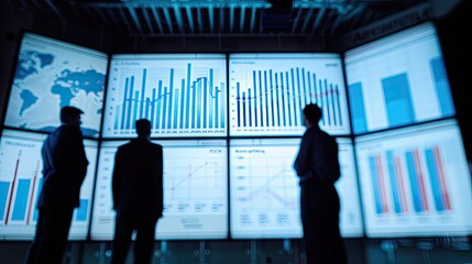 Poster - Business meeting with charts and graphs displayed on a large screen, discussing investment strategies with this inviting photo.