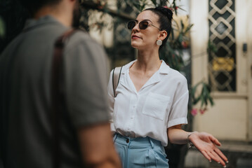 Wall Mural - Two business people engaging in a discussion during an outdoor meeting, emphasizing communication and professional interaction.