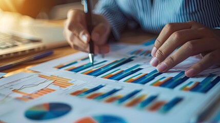 Poster - Close-up of hands working with charts and graphs on paper, tools for detailed investment analysis with this inviting photo.