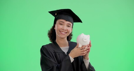 Wall Mural - Graduation, woman and smile on green screen with piggy bank, cash savings and student loan. Female graduate, money box and happy on chroma key for financial aid, education funding and opportunity