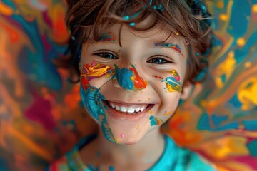 Wall Mural - joyful young boy with a beaming smile face adorned with vibrant splashes of paint aigenerated image captures pure childhood exuberance and creativity in a whimsical colorful portrait