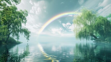 Wall Mural - Serene rainbow over tranquil lake with lush greenery and trees