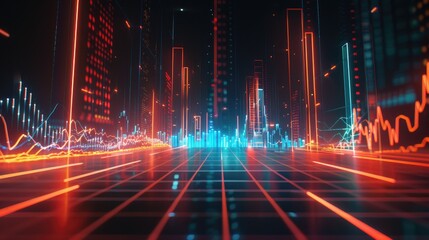 Poster - Detailed 3D rendering of financial growth with bar charts and glowing lines on a grid background with this inviting photo.