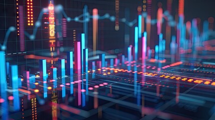 Poster - Detailed 3D rendering of financial growth with bar charts and digital lines on a grid background with this inviting photo.