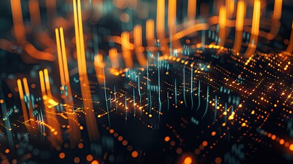 Poster - Detailed 3D rendering of financial growth with bar charts and glowing lines on a dark background with this inviting photo.
