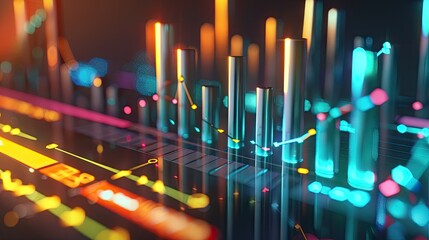 Poster - Detailed 3D rendering of financial growth with bar charts and glowing lines on a dark background with this inviting photo.