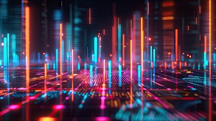 Poster - Detailed 3D rendering of financial growth with bar charts and glowing lines on a dark background with this inviting photo.
