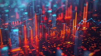 Poster - Detailed 3D rendering of financial growth with bar charts and glowing lines on a dark background with this inviting photo.
