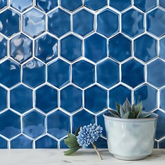 Closeup detail of blue and white ceramic mosaic tiles wall background.