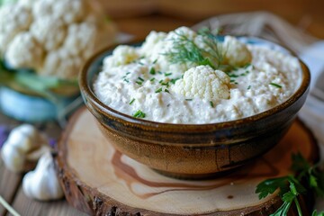 Wall Mural - Bowl is filled with a creamy cauliflower dip and garnished with fresh herbs