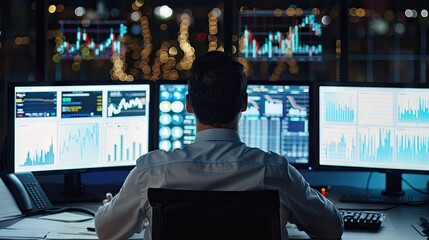 Poster - Investment manager analyzing charts and graphs on multiple monitors, emphasizing the importance of data in financial decisions with this inviting photo.