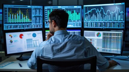 Poster - Investment manager analyzing charts and graphs on multiple monitors, emphasizing the importance of data in financial decisions with this inviting photo.
