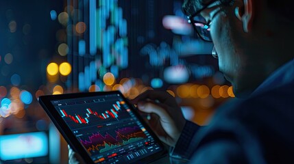 Poster - Investor studying a chart and graph on a tablet, essential tools for making informed decisions with this inviting photo.