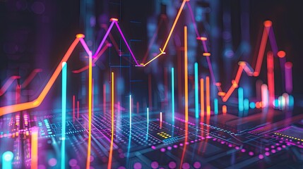 Poster - Modern 3D financial growth chart with arrows and glowing lines on a dark background with this inviting photo.