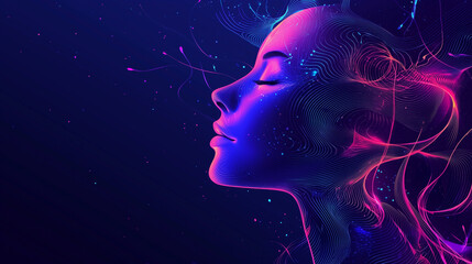 closeup of profile of girl's head with closed eyes and network connection. minimal creative concept 