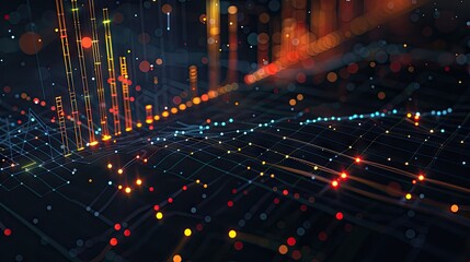 Poster - Modern 3D financial growth chart with data points and digital effects on a dark background with this inviting photo.