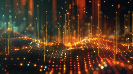 Poster - Modern 3D financial growth chart with data points and digital effects on a dark background with this inviting photo.