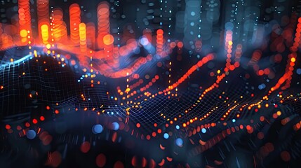 Poster - Modern 3D financial growth chart with data points and digital effects on a dark background with this inviting photo.