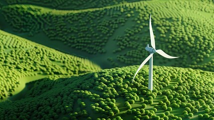 Modern 3D illustration of a wind turbine in a green field, promoting renewable energy sources with this inviting photo.