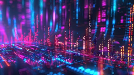Poster - Modern 3D illustration of financial symbols and charts with data points and glowing effects on a dark background with this inviting photo.