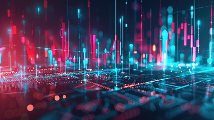 Poster - Modern 3D illustration of financial symbols and charts with data points and glowing effects on a dark background with this inviting photo.