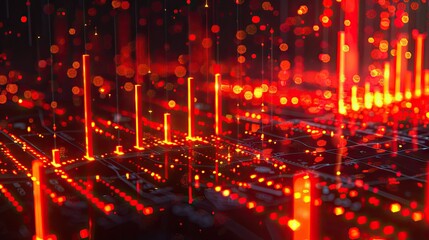 Poster - Modern 3D illustration of financial symbols and charts with data points and glowing effects on a dark background with this inviting photo.