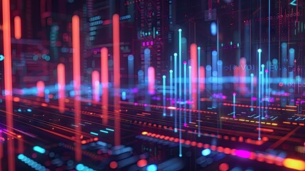 Poster - Modern 3D rendering of financial growth symbols and charts with digital effects on a dark background with this inviting photo.