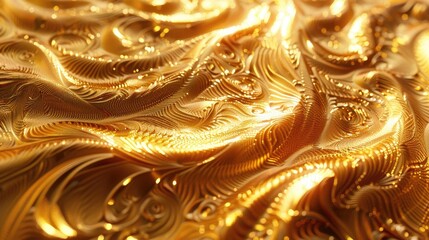 Poster - Stylish 3D illustration of a golden textured background with raised, swirling patterns and a radiant, glowing effect with this inviting photo.