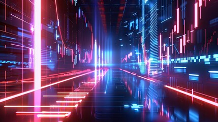 Poster - Stylized 3D model of a financial market chart with arrows and glowing lines on a futuristic background with this inviting photo.