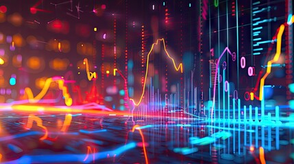 Poster - Stylized 3D model of financial data charts with symbols and glowing lines on a futuristic background with this inviting photo.