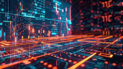 Poster - Stylized 3D model of financial data charts with symbols and digital effects on a futuristic background with this inviting photo.