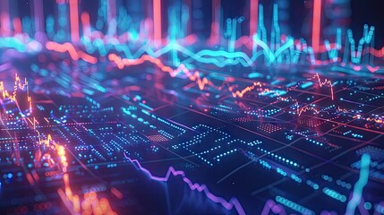 Poster - Stylized 3D model of financial data charts with symbols and glowing lines on a futuristic background with this inviting photo.