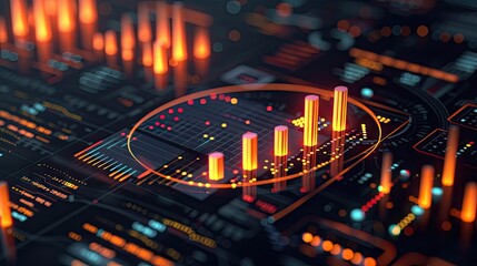 Poster - Stylized 3D model of financial data visualization with bar charts and glowing effects on a dark background with this inviting photo