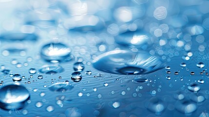 Poster - Water droplets delicately placed on a glassy surface with a soothing, blurred water background. Great for text copy space and peaceful visuals.