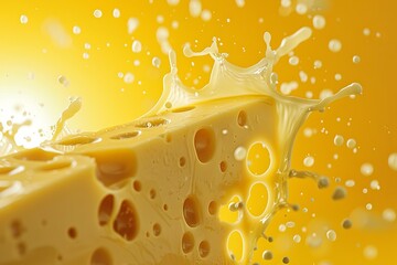 Sticker - Delicious swiss cheese with holes making a splash of milk on yellow background