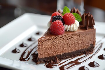 Poster - Delicious chocolate cake is decorated with fresh berries and drizzled with chocolate syrup