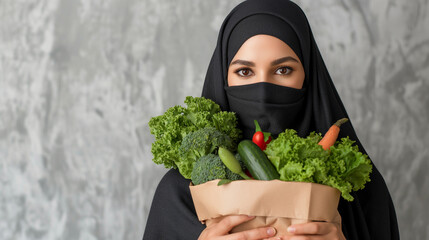 Muslim woman holds vegetables