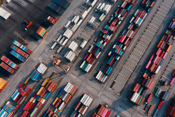 Canvas Print - Aerial top view of Container ship loading and unloading at cargo shipping port, Cargo container in deep seaport for the international order concept.