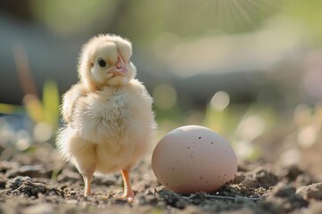 Wall Mural - Small yellow chicken standing on dirt next to a large brown egg