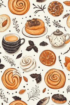 Hand Drawn cozy tea party pattern