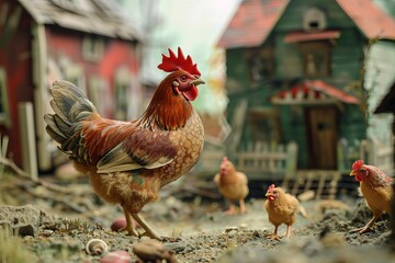 Wall Mural - Rooster standing proudly watching over his flock of chickens in a farm setting