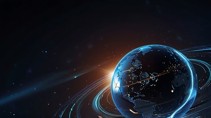 A black and blue tech futuristic background featuring an abstract vector globe of planet Earth. Include satellites and rockets in orbit.